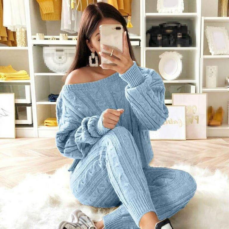 Joau Sweater Sets Women 2 Piece Outfits Casual Crewneck Chunky Cable Knit Pullover Sweater and Slim Fit Long Pants Winter Pajamas Lounge Set Matching