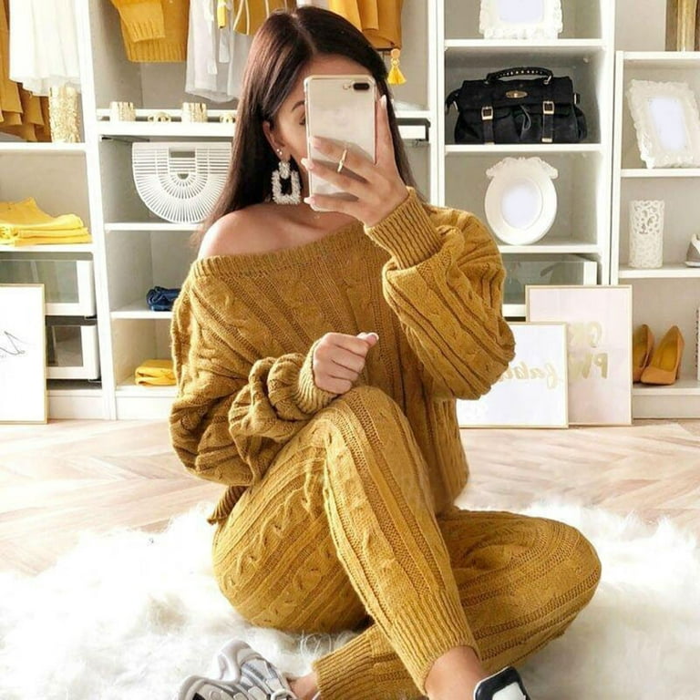 Joau Sweater Sets Women 2 Piece Outfits, Casual Crewneck Chunky Cable Knit  Pullover Sweater and Slim Fit Long Pants Winter Pajamas Lounge Set Matching  Suits 