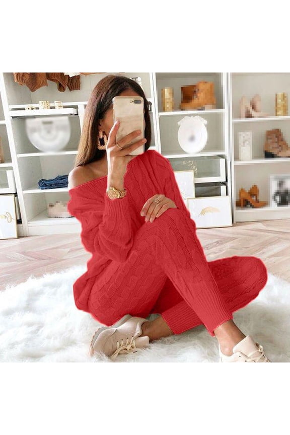 Sweater Sets Women 2 Piece Outfits, Casual Crewneck Chunky Cable Knit Pullover Sweater and Slim Fit Long Pants Winter Pajamas Lounge Set Matching Suits