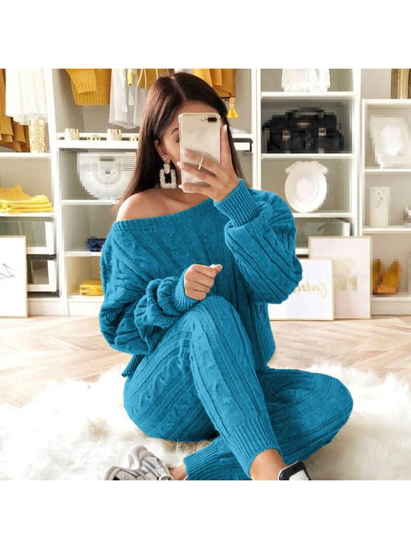 Sweater Sets Women 2 Piece Outfits, Casual Crewneck Chunky Cable Knit Pullover Sweater and Slim Fit Long Pants Winter Pajamas Lounge Set Matching Suits