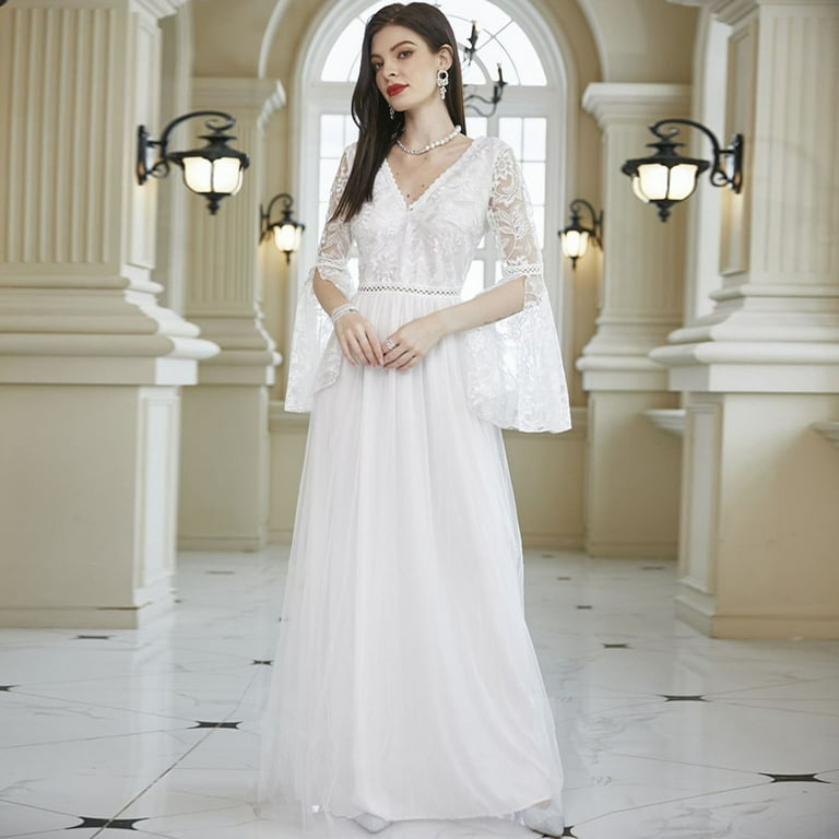 Joau Wedding Dresses for Bride, Lace V Neck Bell Sleeve Beach