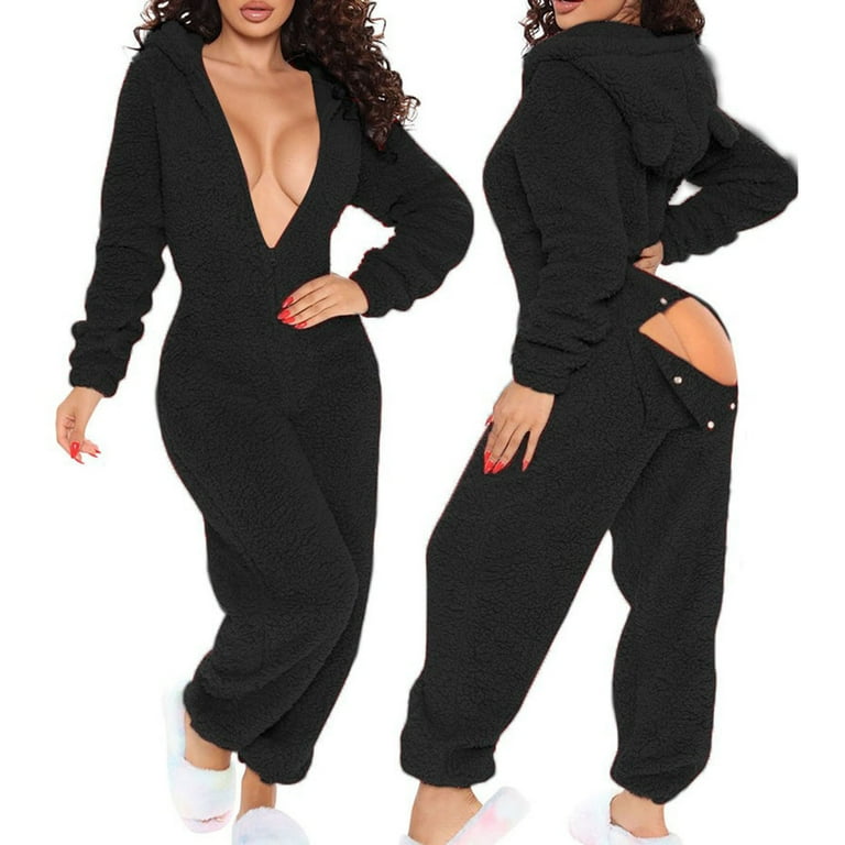 Joau Winter Fleece Hooded Onesie Jumpsuit for Women Winter Warm Butt Flap Adults One Piece Zip Up Cute Ear Thermal Pajamas Romper Bodysuit Loungewear