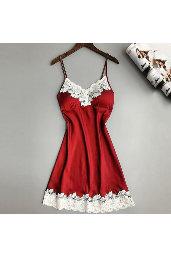 Women Satin Lace V Neck Lingerie Chemise Mini Teddy Nightgown Babydoll Sleep Dress Full Slips Sleepwear S-3XL