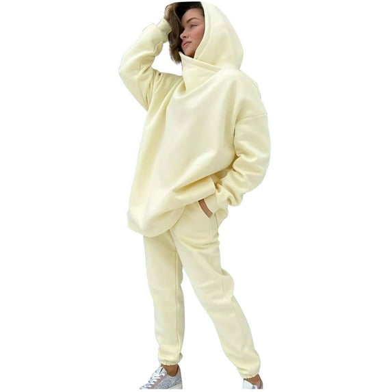 Joau Women's 2 Piece Fleece Sweatsuit Outfits Solid Color Long Sleeve Oversized Hoodie Pullover Sweatshirt & Long Jogger Pants Fall Winter Warm Lounge Set