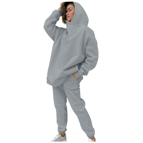 Joau Women's 2 Piece Fleece Sweatsuit Outfits Solid Color Long Sleeve Oversized Hoodie Pullover Sweatshirt & Long Jogger Pants Fall Winter Warm Lounge Set