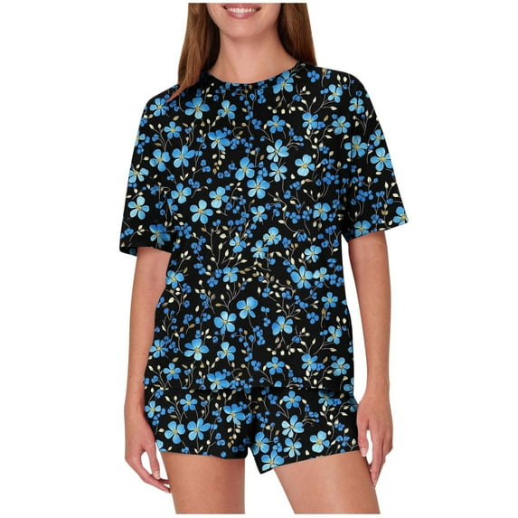 Joau Women's 2 Piece Lounge Sets Summer Outfits Short Sleeve Round Neck Print T Shirt and Shorts Loungewear Workout Sports Tracksuits