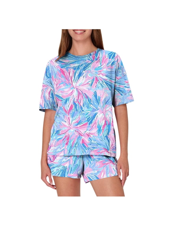 Women's 2 Piece Lounge Sets Short Sleeve Round Neck Print T Shirt and Biker Shorts Loungewear Summer Pajamas Outfits Workout Sports Tracksuit
