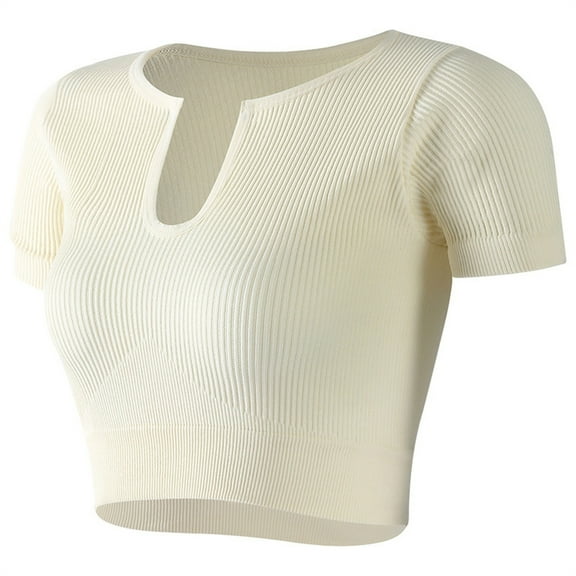 Joau Women's Basic Crop Tops Seamless Ribbed Knit Crop Top Short Sleeve Scoop Neck Workout Yoga Casual T Shirt