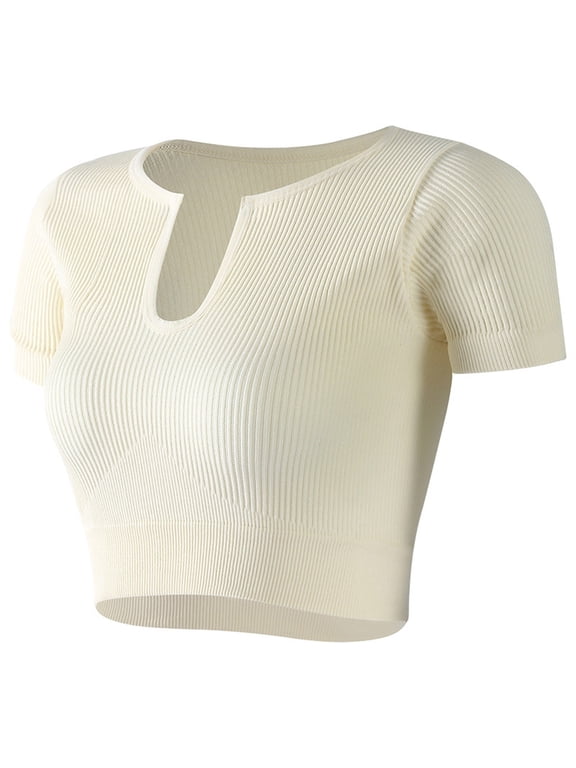 Women's Basic Crop Tops Seamless Ribbed Knit Crop Top Short Sleeve Scoop Neck Workout Yoga Casual T Shirt