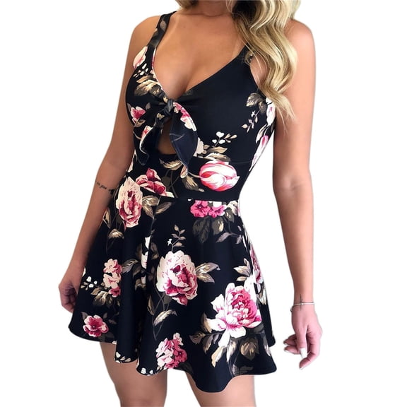 Joau Women's Beach Vacations Rompers Summer Casual Dressy Sleeveless Floral Print Tummy Control Short One Piece Jumpsuits Wide Leg Loose Bib Overalls