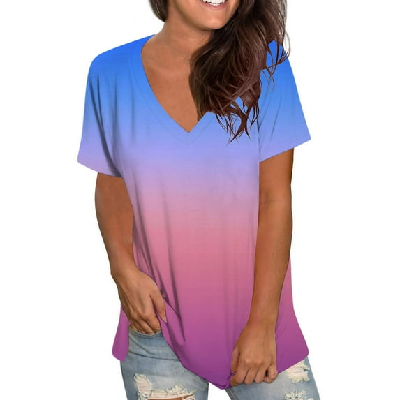 Joau Women's Casual Gradient Color Printed Blouse V-neck Short Sleeve Loose T-shirt Tops Summer Plus Size Tops