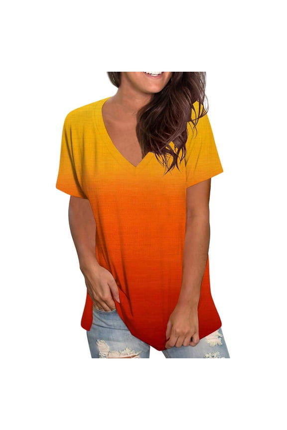 Women's Casual Gradient Color Printed Blouse V-neck Short Sleeve Loose T-shirt Tops Summer Plus Size Tops