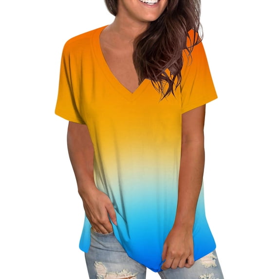 Joau Women's Casual Gradient Color Printed Blouse V-neck Short Sleeve Loose T-shirt Tops Summer Plus Size Tops on Clearance