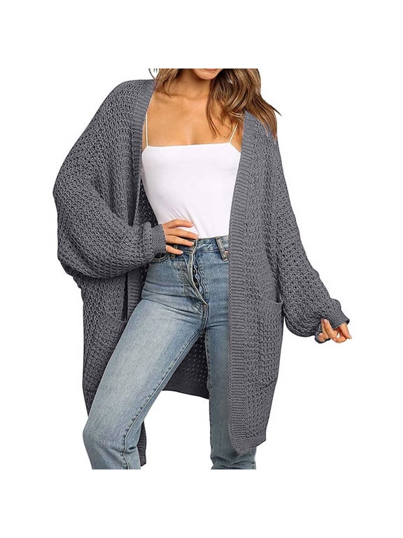 Women's Casual Long Sleeve Open Front Lightweight Midi Long Waffle Knit Cardigan Sweater with Pockets Fall Winter Outerwear Coat