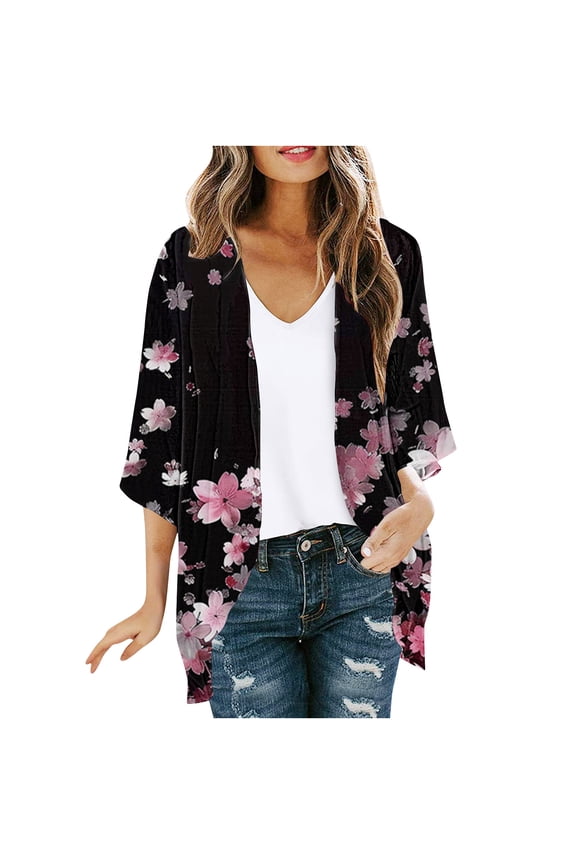 Women's Chiffon Kimono Cardigan Floral Print Puff Sleeve Lightweight Draped Open Front Summer Beach Cover Up Casual Blouse Tops