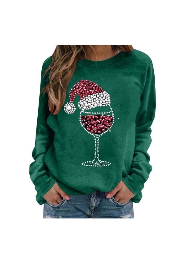 Women's Christmas Sweatshirt Vintage Wine Glass Casual Long Sleeve Crewneck Loose Pullover Tops Holiday Graphic Shirts Ugly Christmas Sweater