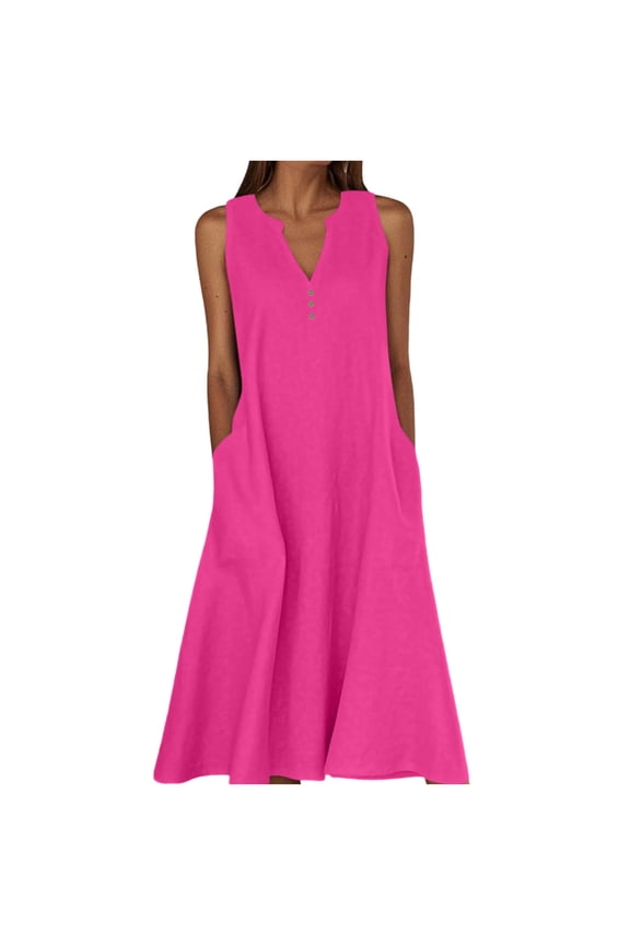 Women's Cotton Linen Tank Dress Summer Casual Sleeveless V-Neck Loose A Line Midi Dress Beach Sundress with Pockets