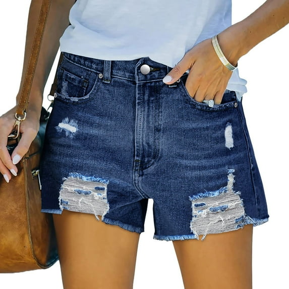 Purcolt Women's Denim Shorts Casual Mid Waist Ripped Jean Shorts Frayed Hem Distressed Stretchy Short Jeans Summer Hot Pants with Pockets