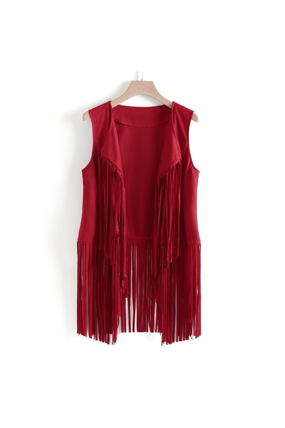Women's Fall Plus Size Tassel Sleeveless Vest Faux Suede Ethnic Style Fringed Cardigan Jacket Lapel Collar Open Front Draped Waistcoat Outerwear