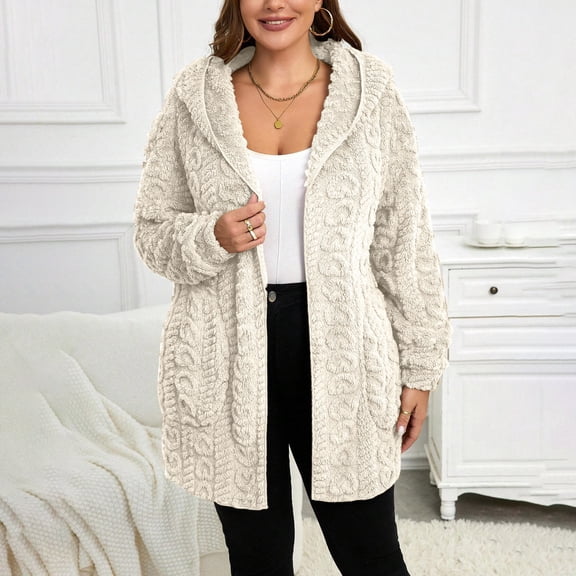 Joau Women's Fuzzy Fleece Open Front Hooded Cardigans Soft Warm Plush Long Jackets Winter Coats Oversized Sweaters Outerwear with Pockets