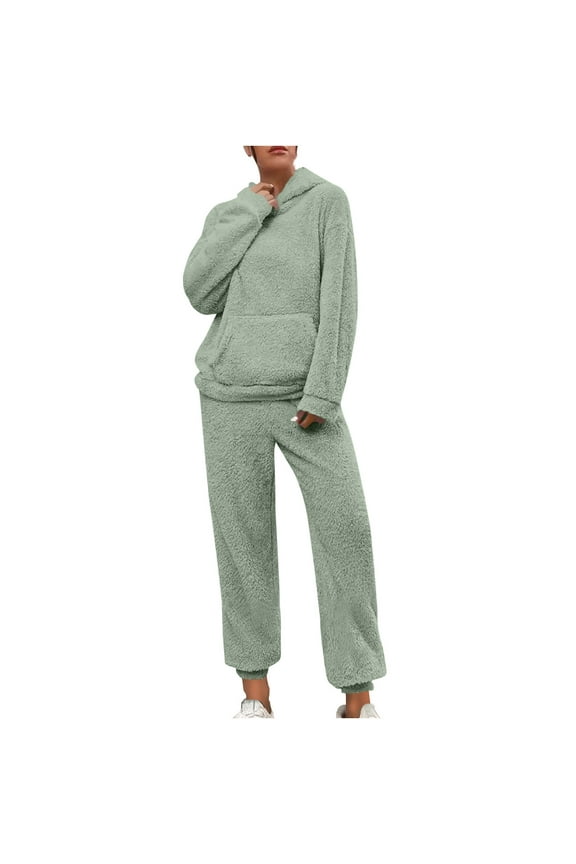 Women's Fuzzy Fleece Pajamas Sets Loungewear Long Sleeve Pocket Pullover Hoodies and Jogger Pants Set 2 Piece Winter Soft Warm Sleepwear