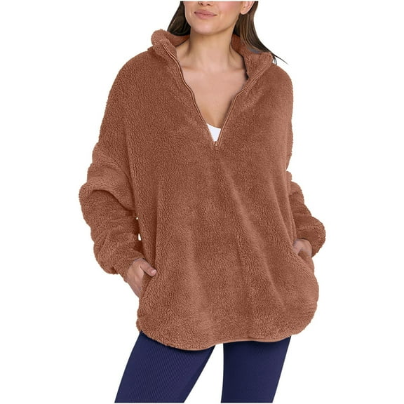 Joau Women's Fuzzy Pullover Quarter Zip Long Sleeve Fleece Jacket Casual Lightweight Oversized Sweatshirts Winter Warm Coats Outerwear with Pockets