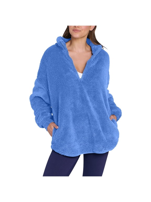 Women's Fuzzy Pullover Quarter Zip Long Sleeve Fleece Jacket Casual Lightweight Oversized Sweatshirts Winter Warm Coats Outerwear with Pockets
