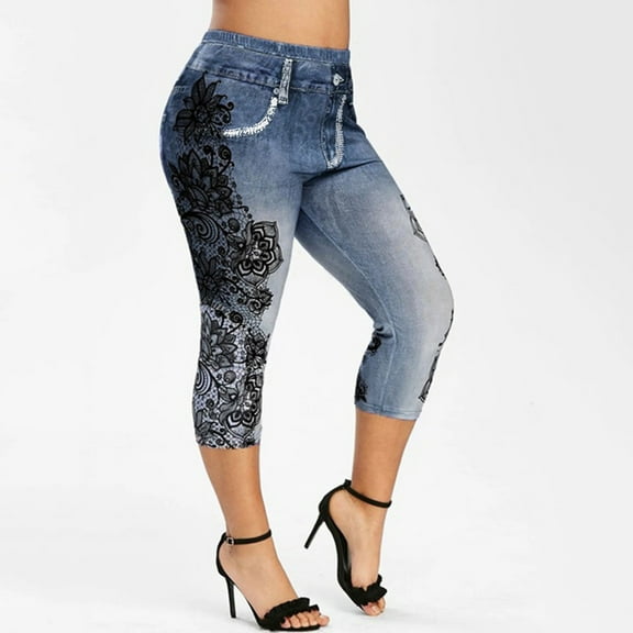 Joau Women's Lace Jean Capris Knee Length Denim Capris High Waisted Skinny Jean Leggings Casual Comfy Cropped Pants with Pockets
