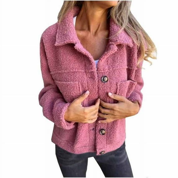 Joau Women's Lapel Fleece Jacket Fuzzy Warm Winter Jackets Casual Long Sleeve Button Down Shacket Outerwear Coat with Pockets
