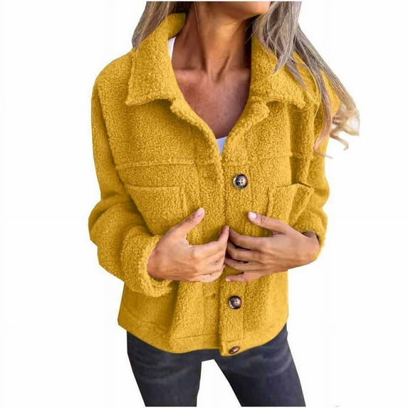 Joau Women's Lapel Fleece Jacket Fuzzy Warm Winter Jackets Casual Long Sleeve Button Down Shacket Outerwear Coat with Pockets