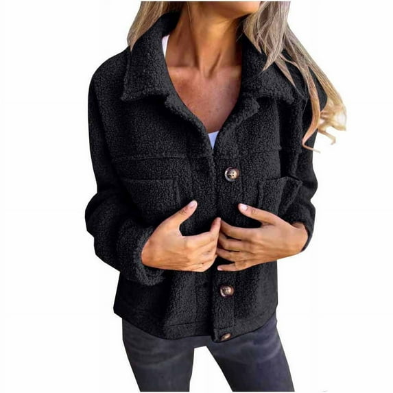 Joau Women's Lapel Fleece Jacket Fuzzy Warm Winter Jackets Casual Long Sleeve Button Down Shacket Outerwear Coat with Pockets