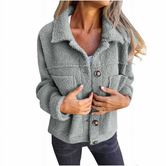 Joau Women's Lapel Fleece Jacket Fuzzy Warm Winter Jackets Casual Long Sleeve Button Down Shacket Outerwear Coat with Pockets