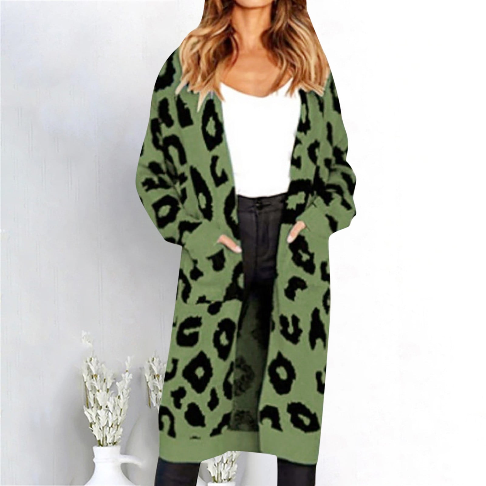 Women’s Floral Leopard Cardigan — Long Sleeve Open Front Knit Jacket For Fall & Casual Wear