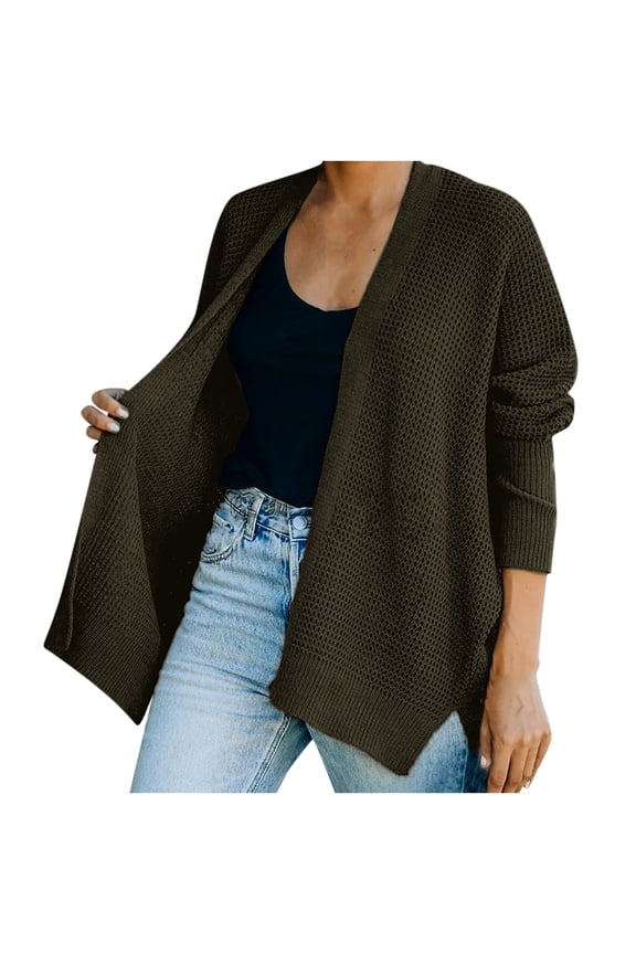 Women's Lightweight Open Front Waffle Cardigan Sweaters Casual Side Split Knit Shwal Cardigan Sweaters Fall Winter Outerwear Coat