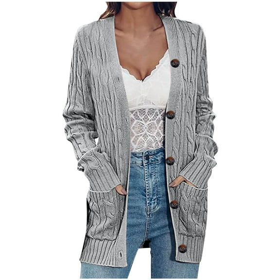 Joau Women's Long Sleeve Button Down Cable Knit Chunky Cardigan Sweaters with Pockets Casual Open Front Lightweight Cardigan Sweaters Outerwear Coats
