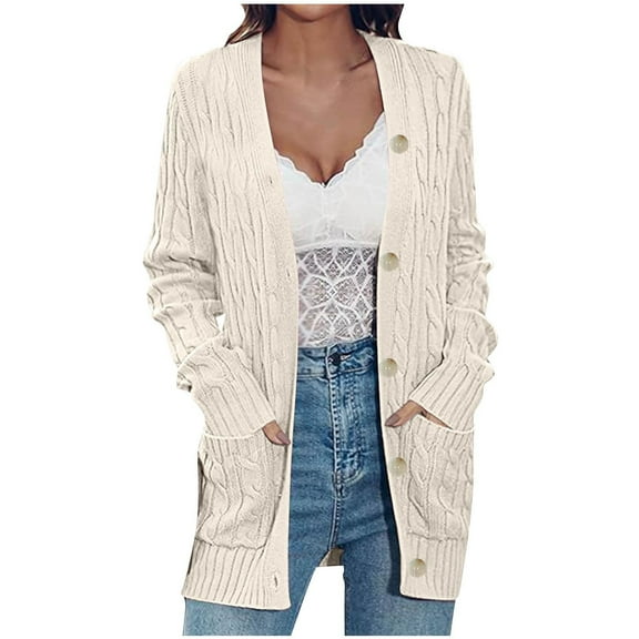 Joau Women's Long Sleeve Button Down Cable Knit Chunky Cardigan Sweaters with Pockets Casual Open Front Lightweight Cardigan Sweaters Outerwear Coats