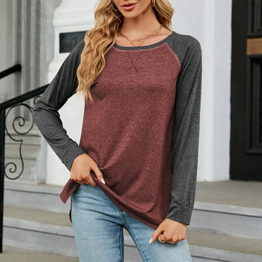 Clearance Under $10 Joau Women's Long Sleeve Shirts Casual Patchwork Color Wide Neck Tunic Tops Quick Dry Lightweight Hiking Workout Tee Shirts Loose Blouses