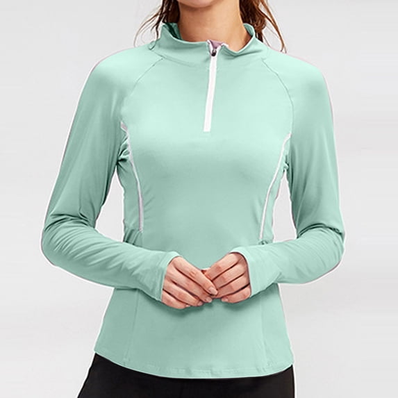 Joau Women's Long Sleeve Shirts Solid Color Zipper Turndown Collar Slim Fit Tee Shirts Sun Protection Quick Dry Lightweight Outdoor Tops for Hiking Fishing Workout