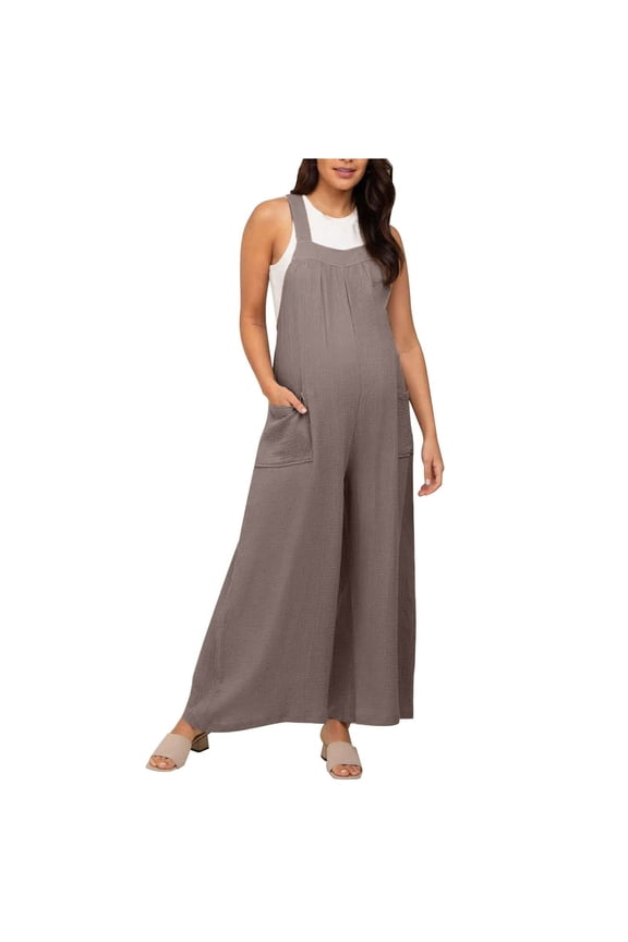 Women's Maternity Bib Overalls Cotton Linen One Piece Jumpsuits Sleeveless Casual Loose Comfy Wide Leg Pants Romper Pregnant Clothes with Pockets