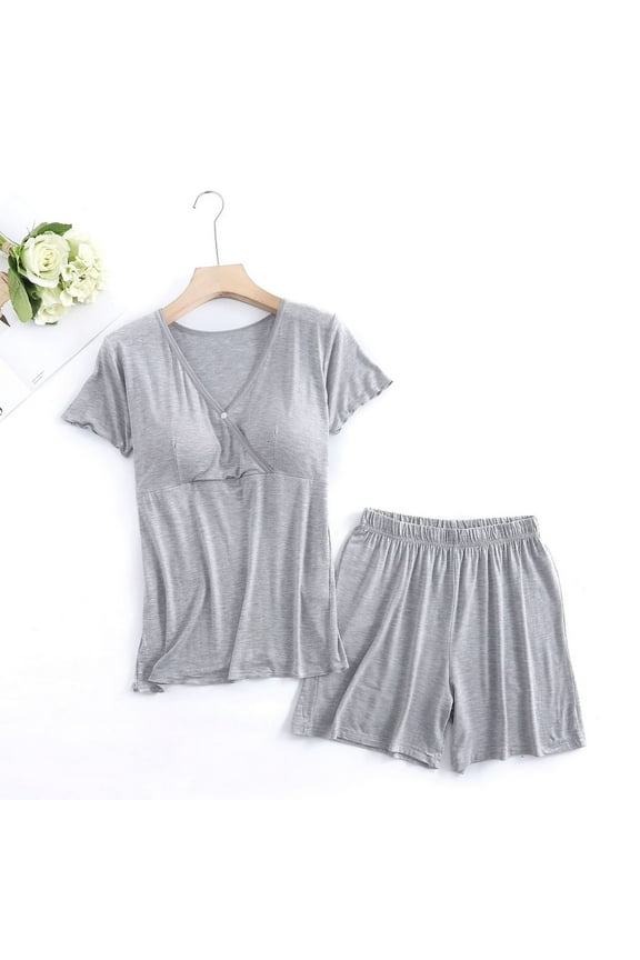 Women's Maternity Nursing Pajamas Sets 2 Piece Outfits Short Sleeve V Neck Shirts and Shorts Sleepwear Pregnancy Pjs Mama Clothes for Breastfeeding