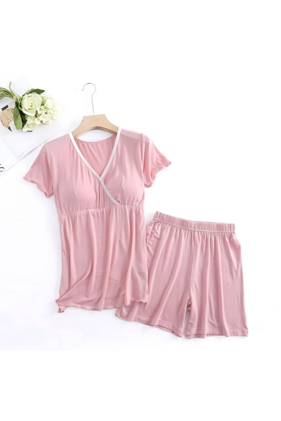 Women's Maternity Nursing Pajamas Sets 2 Piece Outfits Short Sleeve V Neck Shirts and Shorts Sleepwear Pregnancy Pjs Mama Clothes for Breastfeeding