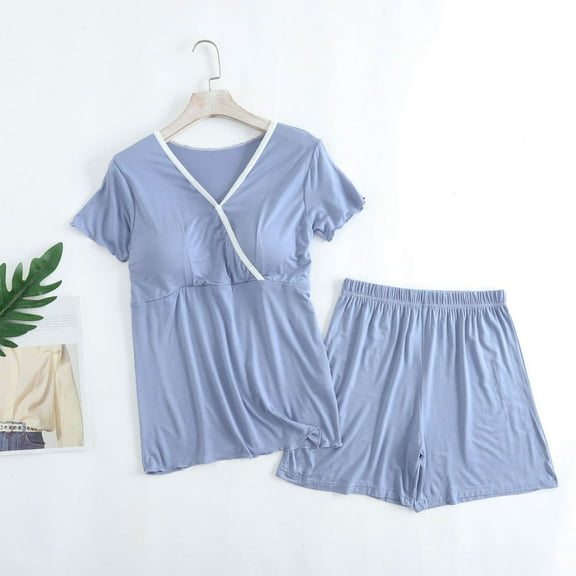 Joau Women's Maternity Nursing Pajamas Sets 2 Piece Outfits Short Sleeve V Neck Shirts and Shorts Sleepwear Pregnancy Pjs Mama Clothes for Breastfeeding
