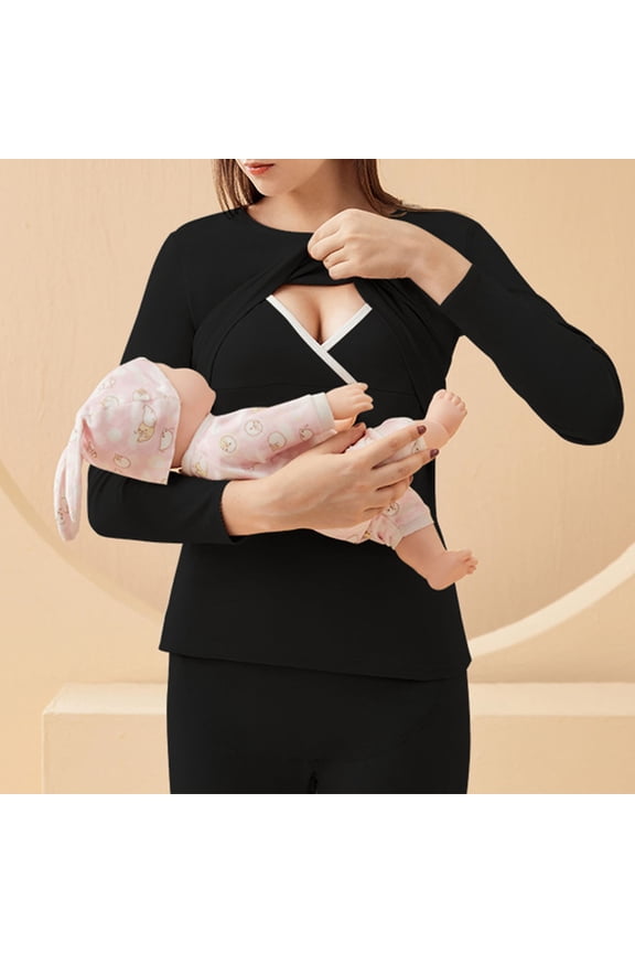 Women's Maternity Thermal Underwear Long Sleeve Double Layer Maternity Breastfeeding Shirts Casual Pregnancy Clothes Comfy Warm Tunic Blouse Fall Tops for Mama