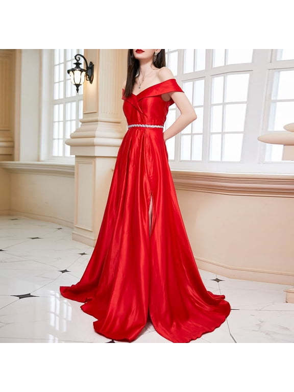 Women's Off Shoulder V-Neck Maxi Long Dress High Split Evening Prom Dress Formal Cocktail Dresses Wedding Guest Dresses, Red