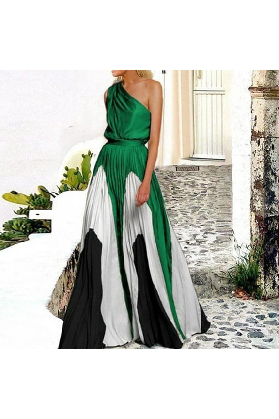 Women's One Shoulder Sleeveless Patchwork Color Pleated Maxi Dress Beach Long Dress Elegant Party Cocktail Formal Prom Dresses