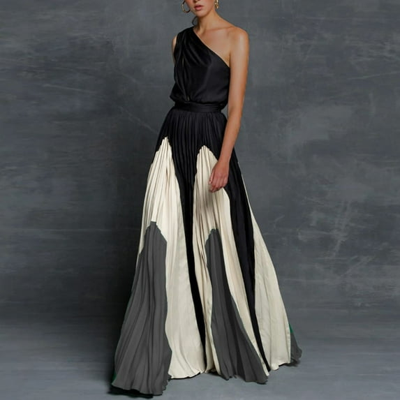 Joau Women's One Shoulder Sleeveless Patchwork Color Pleated Maxi Dress Beach Long Dress Elegant Party Cocktail Formal Prom Dresses