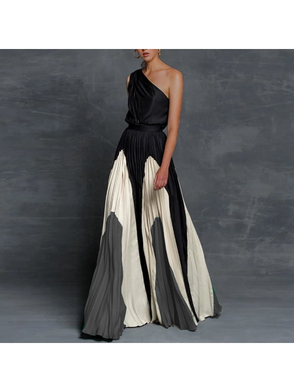 Women's One Shoulder Sleeveless Patchwork Color Pleated Maxi Dress Beach Long Dress Elegant Party Cocktail Formal Prom Dresses
