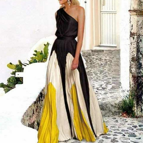 Joau Women's One Shoulder Sleeveless Patchwork Color Pleated Maxi Dress Beach Long Dress Elegant Party Cocktail Formal Prom Dresses