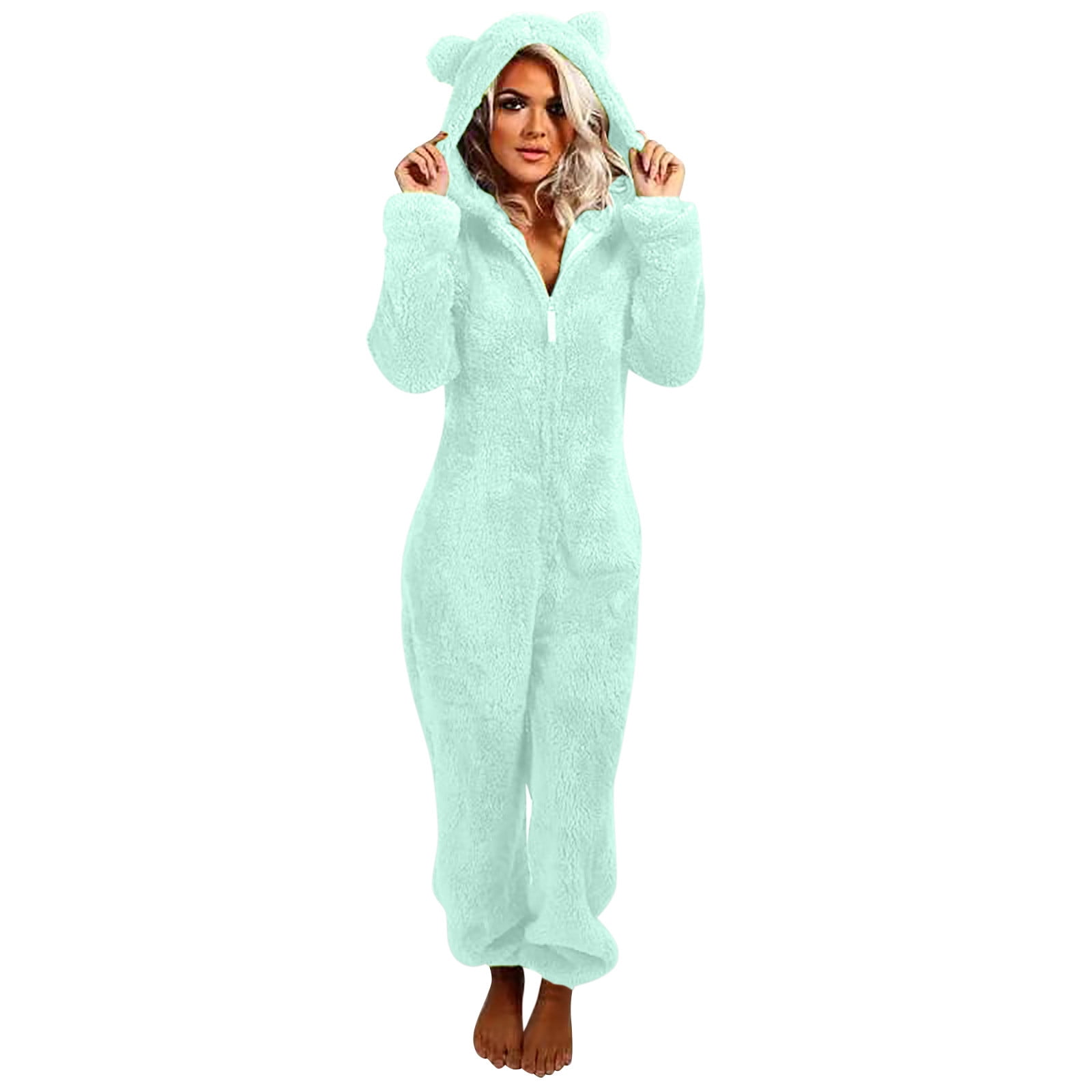 Joau Women's Onesies Adult Pajamas, Winter Warm Flannel One Piece Jumpsuit Zip Up Cute Ear Hooded Thermal Romper Bodysuit Sleepwear Loungewear