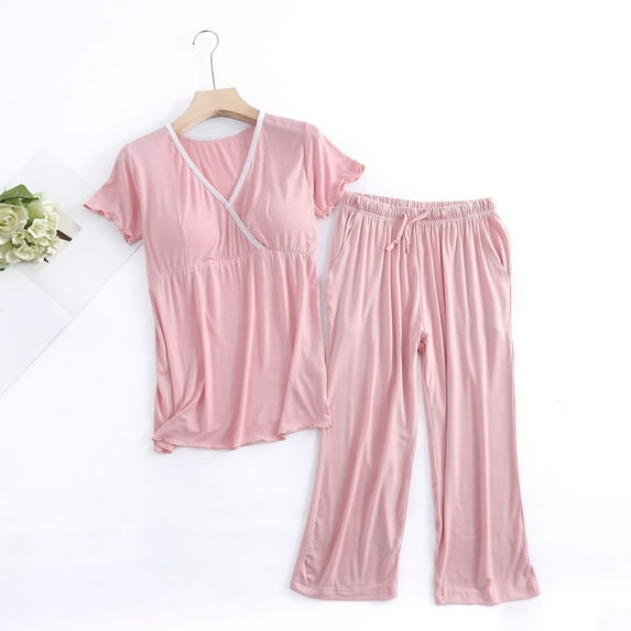 Joau Women's Postpartum Nursing Pajamas Set 2 Piece Maternity Outfits Short Sleeve V Neck Top & Cropped Pants Breastfeeding Pjs Sleepwear Pregnancy Loungewear Sets